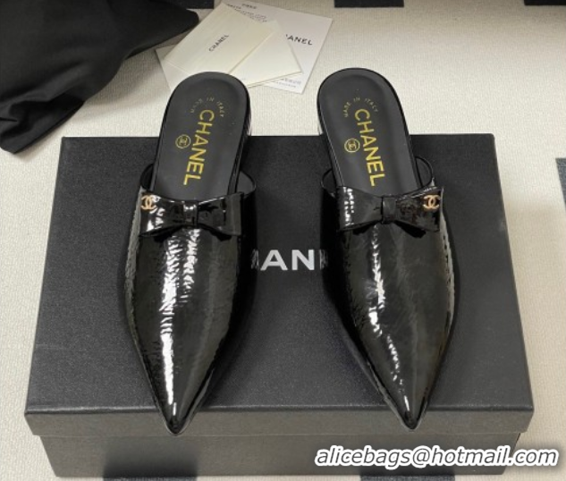 Top Design Chanel Crumpled Patent Calfskin Flat Mules with Bow Black 2025 G46550