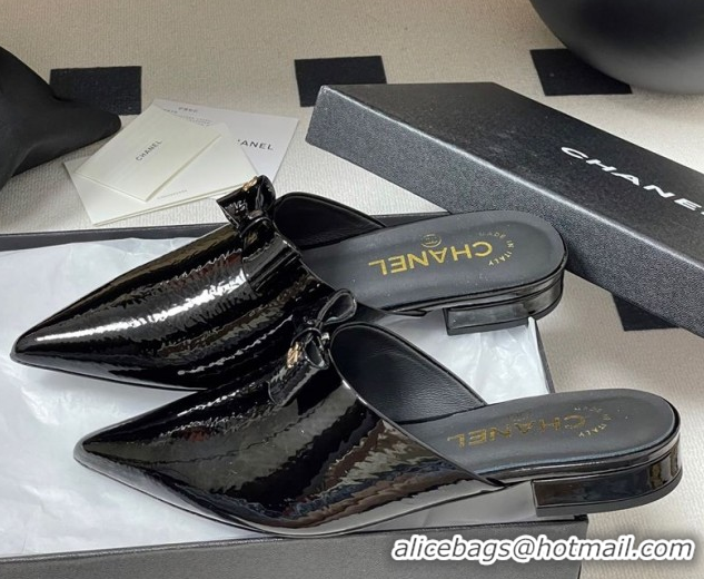 Top Design Chanel Crumpled Patent Calfskin Flat Mules with Bow Black 2025 G46550