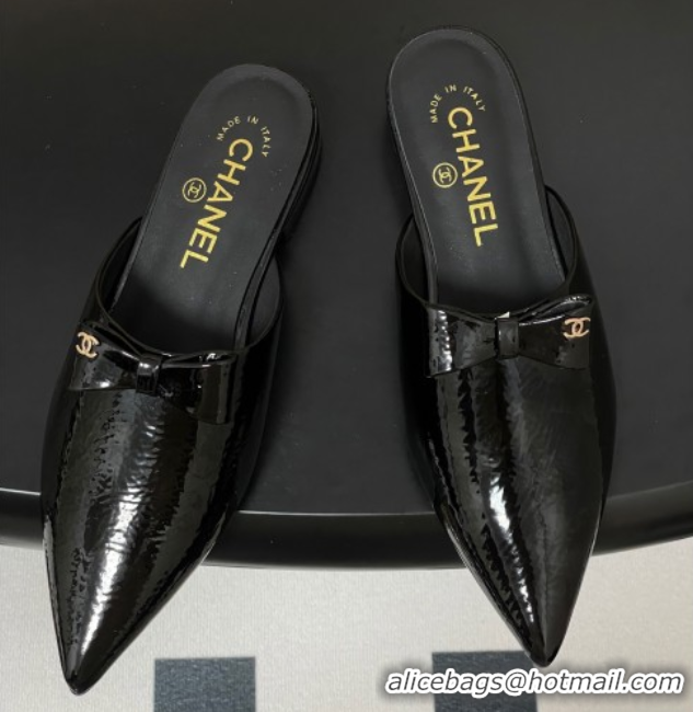 Top Design Chanel Crumpled Patent Calfskin Flat Mules with Bow Black 2025 G46550