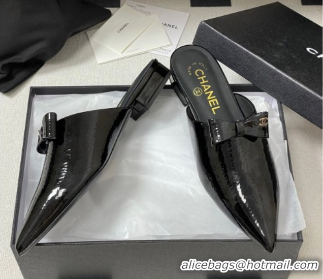 Top Design Chanel Crumpled Patent Calfskin Flat Mules with Bow Black 2025 G46550