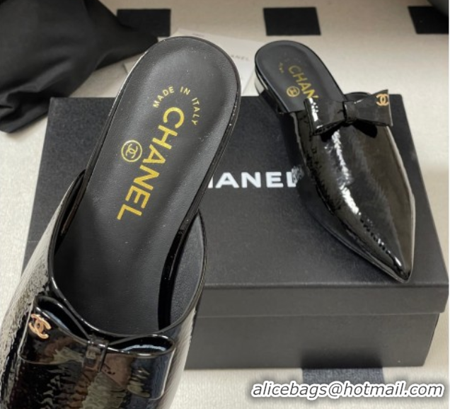 Top Design Chanel Crumpled Patent Calfskin Flat Mules with Bow Black 2025 G46550