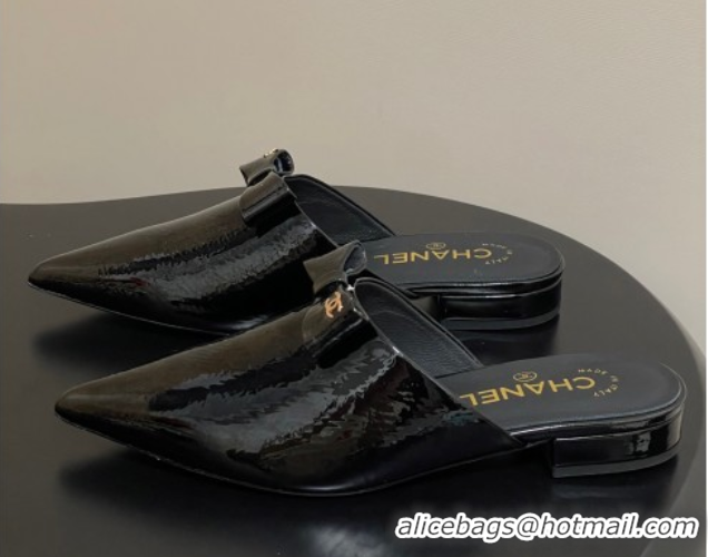 Top Design Chanel Crumpled Patent Calfskin Flat Mules with Bow Black 2025 G46550