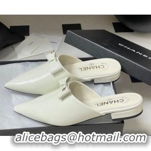 Unique Style Chanel Crumpled Patent Calfskin Flat Mules with Bow White 2025 G46550