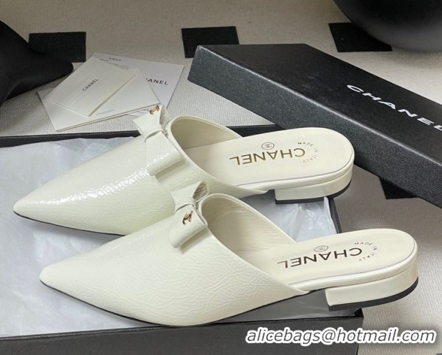 Unique Style Chanel Crumpled Patent Calfskin Flat Mules with Bow White 2025 G46550