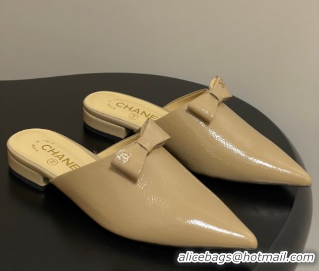 Grade Quality Chanel Crumpled Patent Calfskin Flat Mules with Bow Yellow 2025 G46550