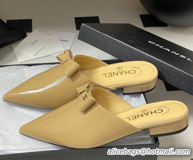 Grade Quality Chanel Crumpled Patent Calfskin Flat Mules with Bow Yellow 2025 G46550