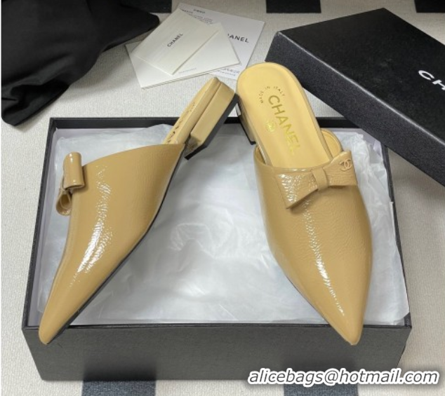 Grade Quality Chanel Crumpled Patent Calfskin Flat Mules with Bow Yellow 2025 G46550