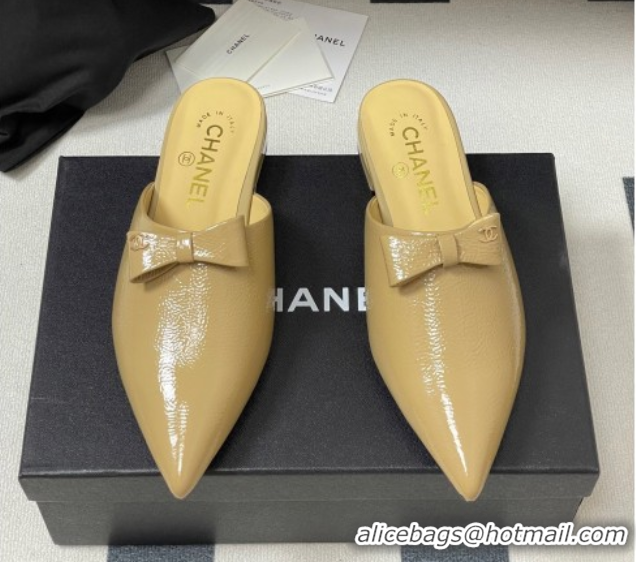 Grade Quality Chanel Crumpled Patent Calfskin Flat Mules with Bow Yellow 2025 G46550