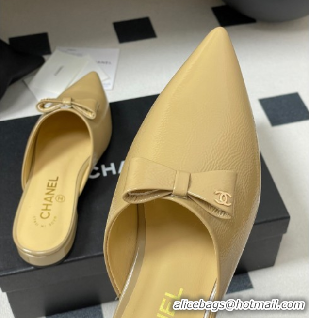 Grade Quality Chanel Crumpled Patent Calfskin Flat Mules with Bow Yellow 2025 G46550