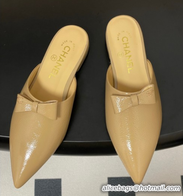 Grade Quality Chanel Crumpled Patent Calfskin Flat Mules with Bow Yellow 2025 G46550