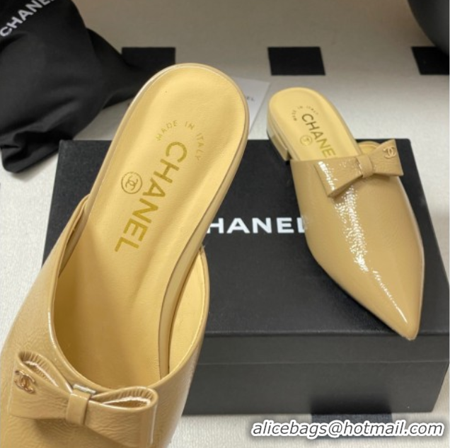 Grade Quality Chanel Crumpled Patent Calfskin Flat Mules with Bow Yellow 2025 G46550