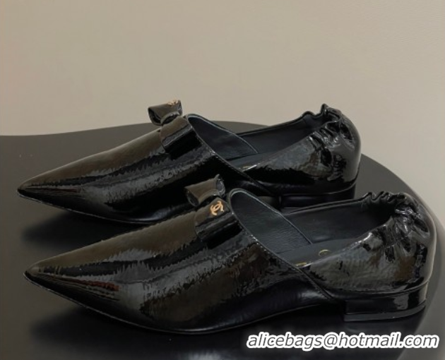Low Price Chanel Crumpled Patent Calfskin Loafers with Bow Black 2025 G46550