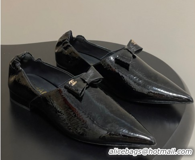 Low Price Chanel Crumpled Patent Calfskin Loafers with Bow Black 2025 G46550