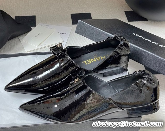 Low Price Chanel Crumpled Patent Calfskin Loafers with Bow Black 2025 G46550