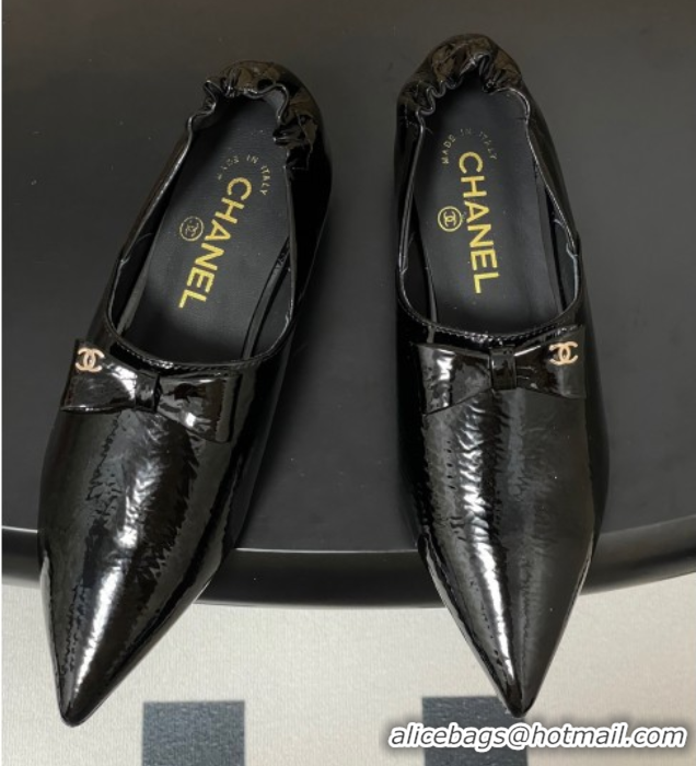 Low Price Chanel Crumpled Patent Calfskin Loafers with Bow Black 2025 G46550