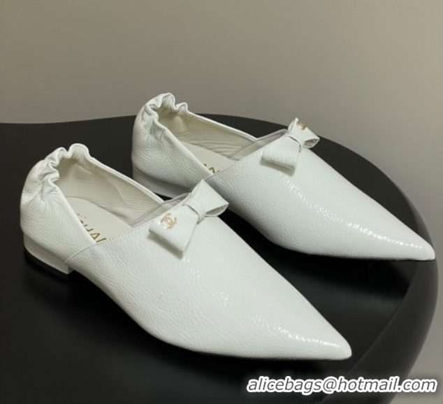 Most Popular Chanel Crumpled Patent Calfskin Loafers with Bow White 2025 G46550