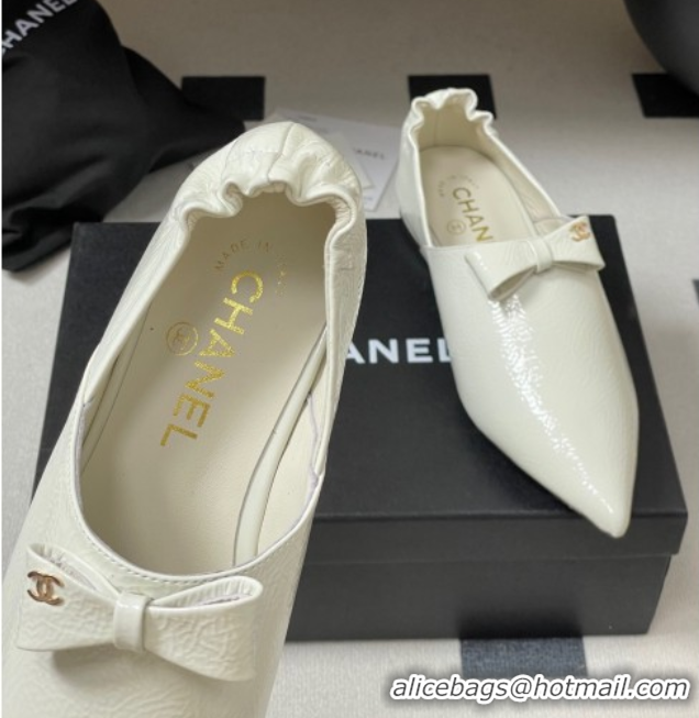 Most Popular Chanel Crumpled Patent Calfskin Loafers with Bow White 2025 G46550