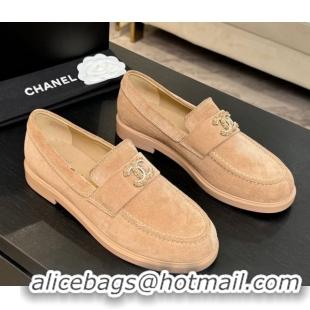 Big Discount Chanel Suede Loafers with Chain and Strass CC Beige 2025ss G37430