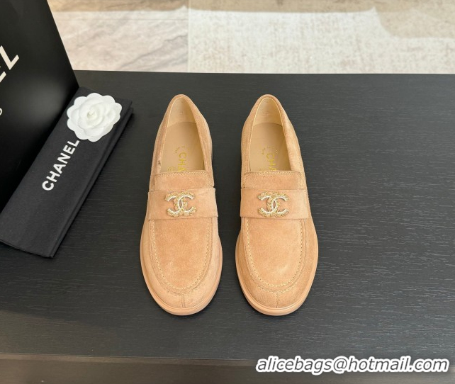 Big Discount Chanel Suede Loafers with Chain and Strass CC Beige 2025ss G37430