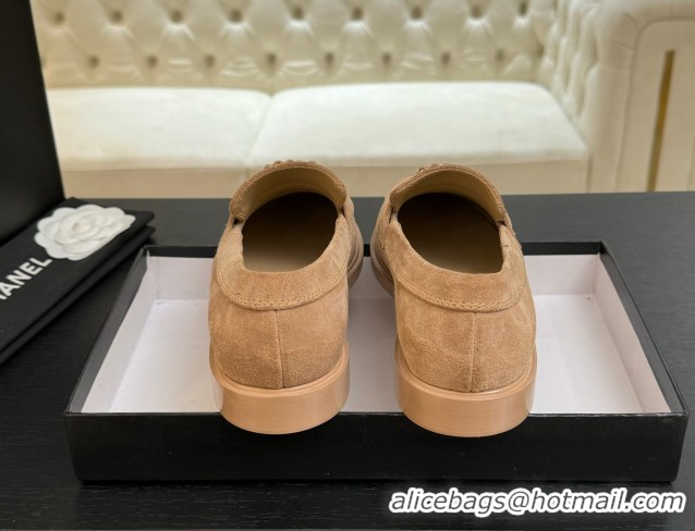 Big Discount Chanel Suede Loafers with Chain and Strass CC Beige 2025ss G37430