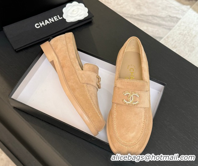 Big Discount Chanel Suede Loafers with Chain and Strass CC Beige 2025ss G37430
