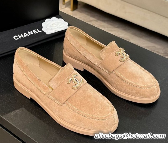 Big Discount Chanel Suede Loafers with Chain and Strass CC Beige 2025ss G37430