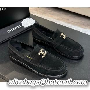 Durable Chanel Suede Loafers with Chain and Strass CC Black 2025ss G37430