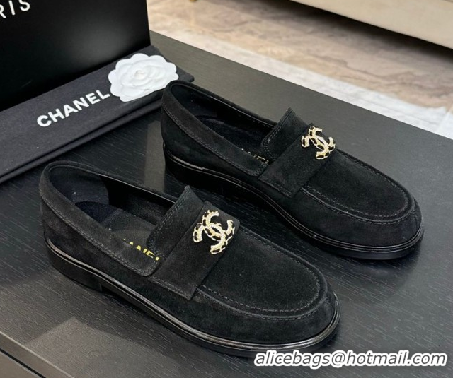 Durable Chanel Suede Loafers with Chain and Strass CC Black 2025ss G37430
