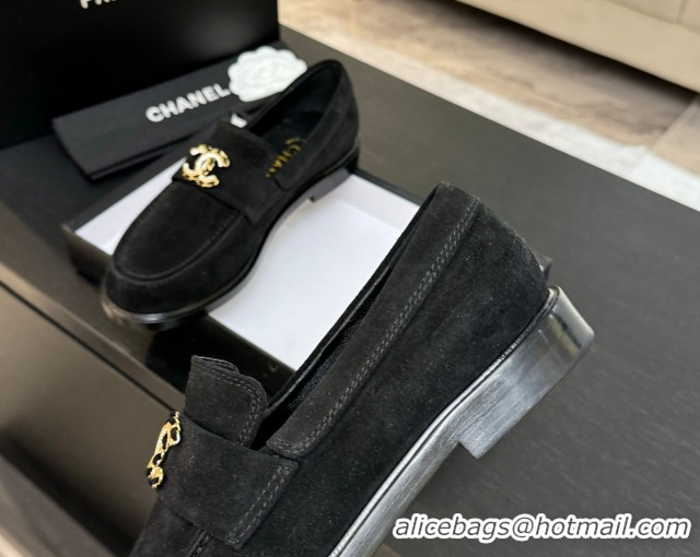 Durable Chanel Suede Loafers with Chain and Strass CC Black 2025ss G37430