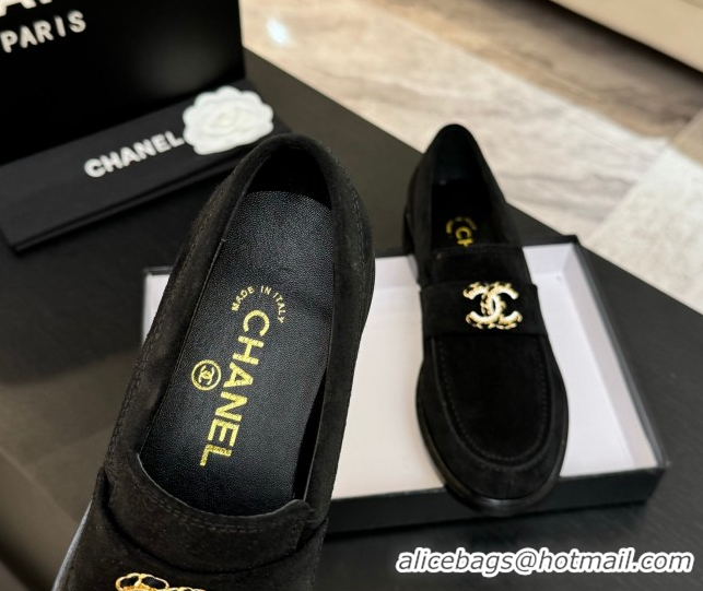 Durable Chanel Suede Loafers with Chain and Strass CC Black 2025ss G37430