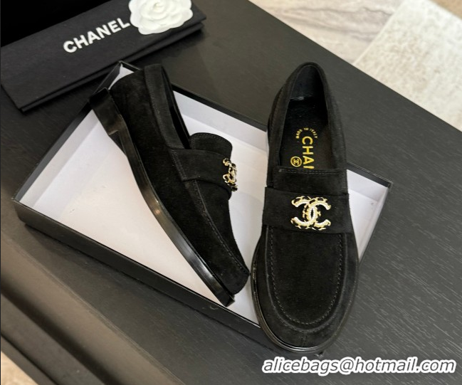 Durable Chanel Suede Loafers with Chain and Strass CC Black 2025ss G37430