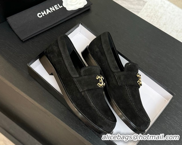 Durable Chanel Suede Loafers with Chain and Strass CC Black 2025ss G37430
