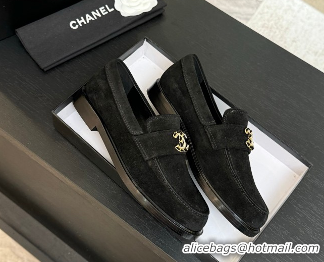 Durable Chanel Suede Loafers with Chain and Strass CC Black 2025ss G37430
