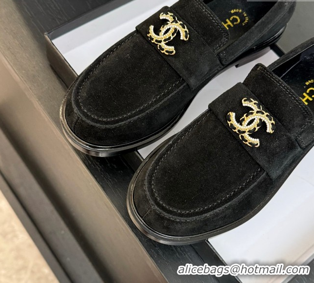 Durable Chanel Suede Loafers with Chain and Strass CC Black 2025ss G37430