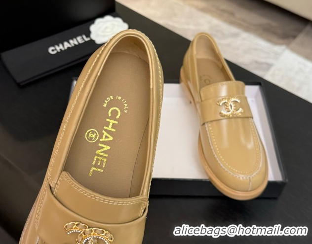 Cheap Price Chanel Shiny Calfskin Loafers with Chain and Strass CC Yellow 2025ss G37430