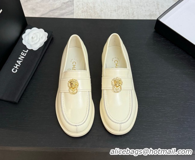 Good Product Chanel Shiny Calfskin Loafers with Lion White 2025 CH051714