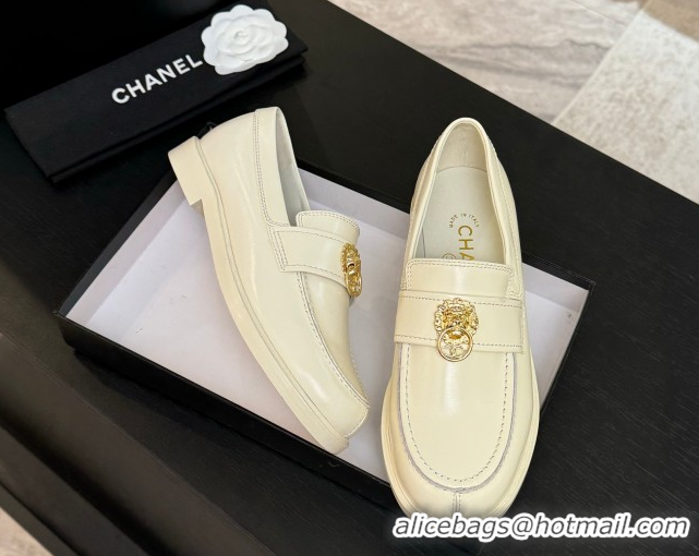 Good Product Chanel Shiny Calfskin Loafers with Lion White 2025 CH051714
