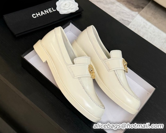 Good Product Chanel Shiny Calfskin Loafers with Lion White 2025 CH051714