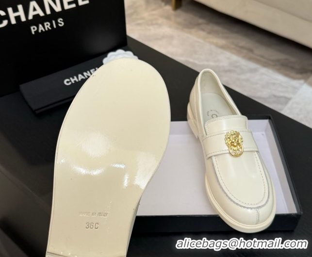 Good Product Chanel Shiny Calfskin Loafers with Lion White 2025 CH051714