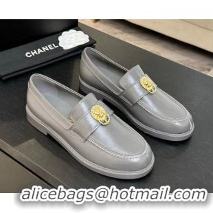 Grade Chanel Shiny Calfskin Loafers with Lion Grey 2025 CH051714