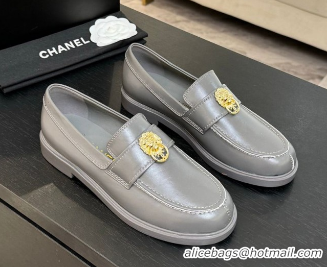 Grade Chanel Shiny Calfskin Loafers with Lion Grey 2025 CH051714