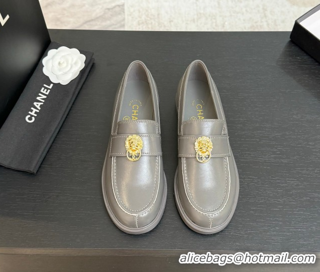 Grade Chanel Shiny Calfskin Loafers with Lion Grey 2025 CH051714