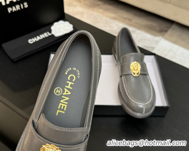 Grade Chanel Shiny Calfskin Loafers with Lion Grey 2025 CH051714