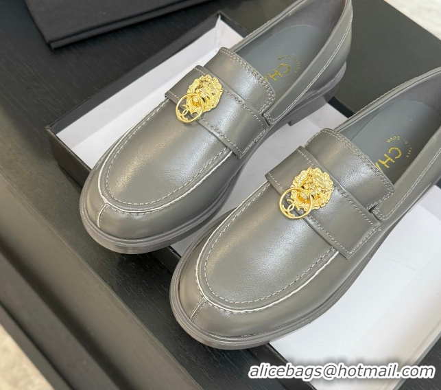 Grade Chanel Shiny Calfskin Loafers with Lion Grey 2025 CH051714