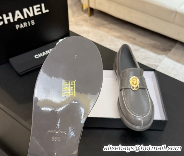 Grade Chanel Shiny Calfskin Loafers with Lion Grey 2025 CH051714