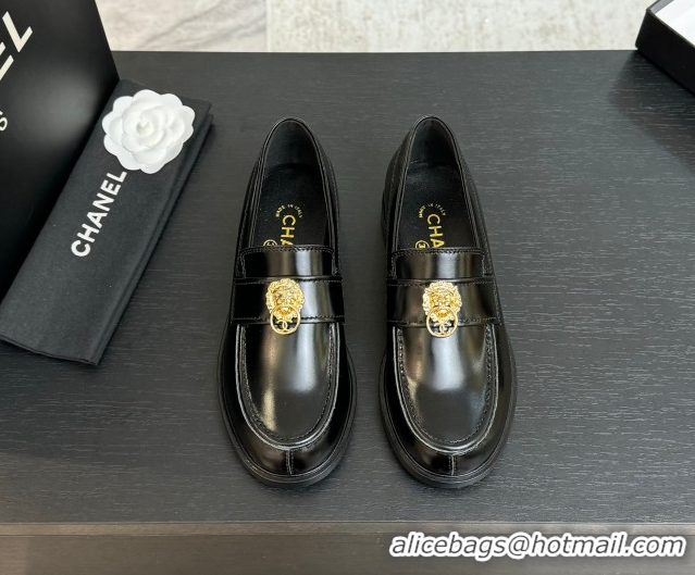 Discount Chanel Shiny Calfskin Loafers with Lion Black 2025 CH051714