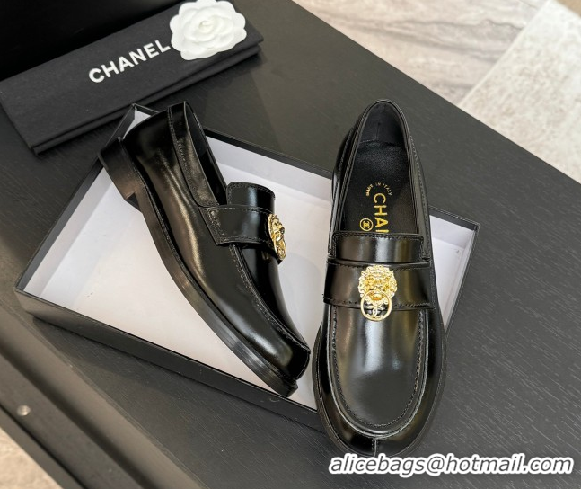 Discount Chanel Shiny Calfskin Loafers with Lion Black 2025 CH051714