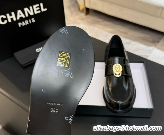 Discount Chanel Shiny Calfskin Loafers with Lion Black 2025 CH051714