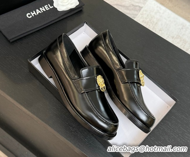 Discount Chanel Shiny Calfskin Loafers with Lion Black 2025 CH051714
