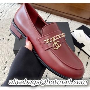 Luxury Cheap Chanel Shiny Lambskin Loafers with Chain and Strass Red 2025 G46581